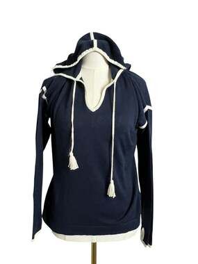 Caroline Grace Hooded Sweater Small Petite Blue Knit Top Cashmere Cotton Lounge